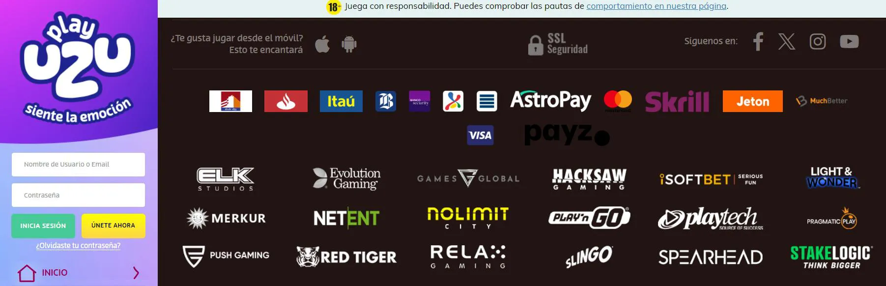 PlayUZU Casino con soporte de pago Visa PlayUZU Casino